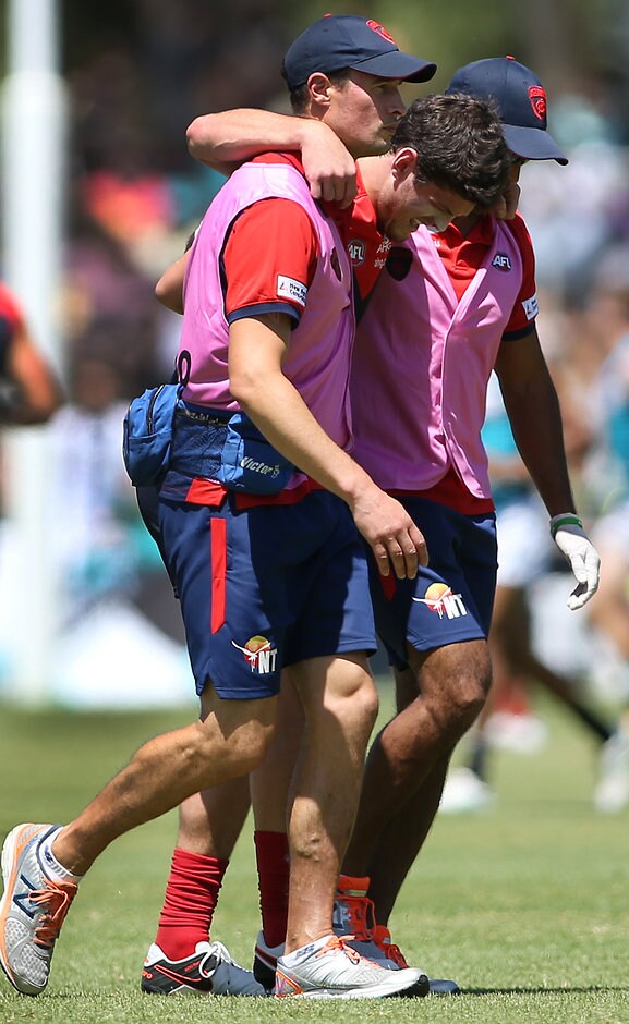 AFL 2016 NAB Challenge - Port Adelaide v Melbourne ADELAIDE, AUSTRALIA - FEBRUARY 27: Angus Brayshaw of the Demons leaves the ground injured during the 2016 NAB Challenge match between Port Adelaide Power and the Melbourne Demons at Playford Alive Oval, Adelaide on February 27, 2016. (Photo by AFL Media)